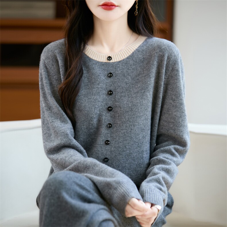 秋冬圆领拼色100羊毛衫女长袖套头纽扣设计宽松毛衣羊绒针织上衣,女装羊毛衫,大美人包芯纱店