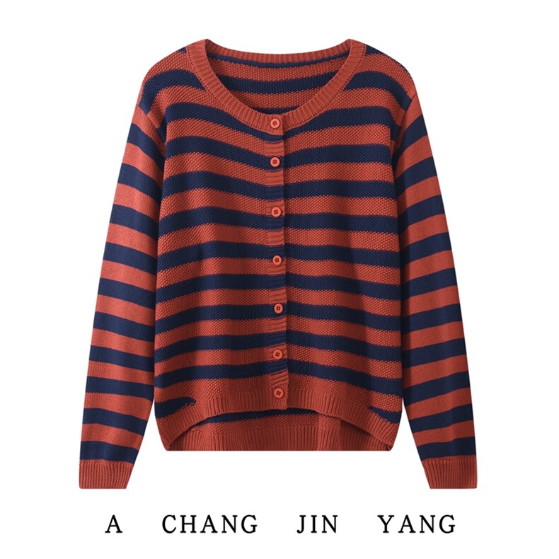 2025年秋季单件圆领长袖时尚百搭休闲条纹开衫，女装针织衫/毛衣，丹芙娇羊绒