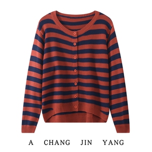 2025年秋季单件圆领长袖时尚百搭休闲条纹开衫，女装针织衫/毛衣，丹芙娇羊绒