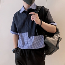 S84/P58控88夏季小伙设计感小众不规则拼接格纹休闲衬衫男黑首1，男装衬衫，星座305B
