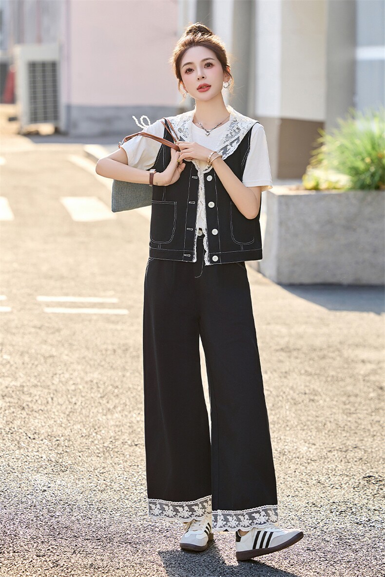 休闲套装女2025夏新款韩系高级松弛感超火减龄蕾丝牛仔穿搭一整套,女装套装/套裙,关键词