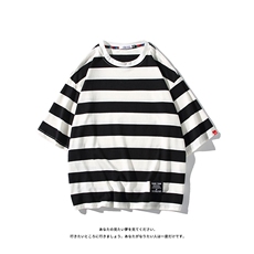 美式风条纹短袖T恤男女宽松圆领落肩袖潮流百搭上衣T232-特价P30，男装T恤，电商A007