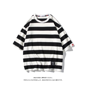 美式风条纹短袖T恤男女宽松圆领落肩袖潮流百搭上衣T232-特价P30图片