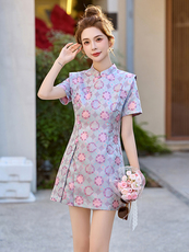 新中式国风短裤套装女夏新款高级感小个子清新甜美改良旗袍两件套，女装套装/套裙，玖莱伊