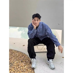 轻熟风男装蓝色格子衬衫男士早春韩系穿搭长袖衬衣设计感宽松外套图片