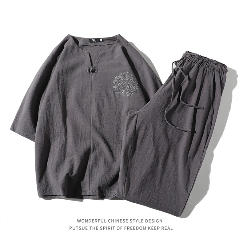 W19P75平铺2024春夏新款亚麻盘扣风时尚七分裤T恤套装，男装T恤，电商A026