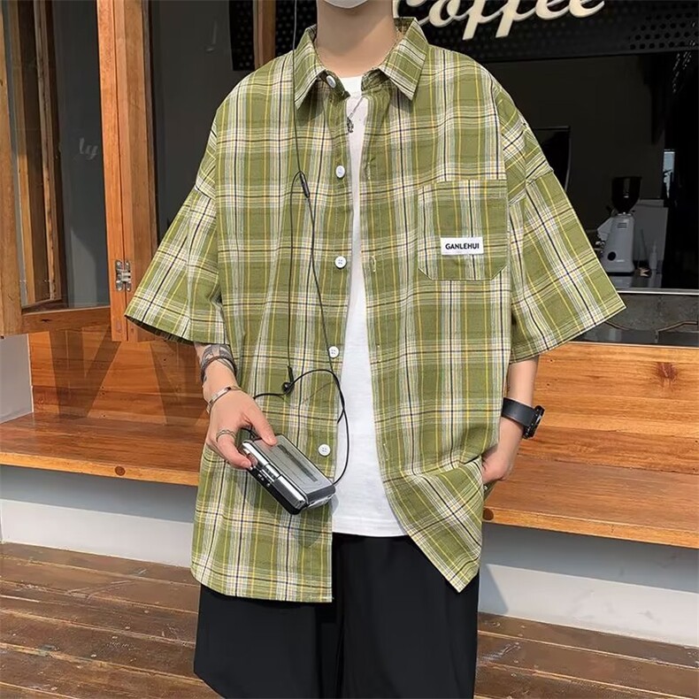 格子短袖衬衫男潮牌夏季新款宽松日系衬衣休闲外套CS087-P36,男装衬衫,星座308B-2