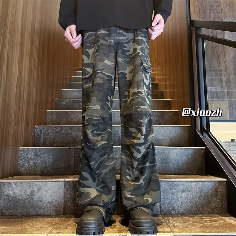 迷彩裤男新款潮牌水洗直筒工装裤子宽松休闲阔腿长裤MKA119P52,男装工装外套,星座1013-5