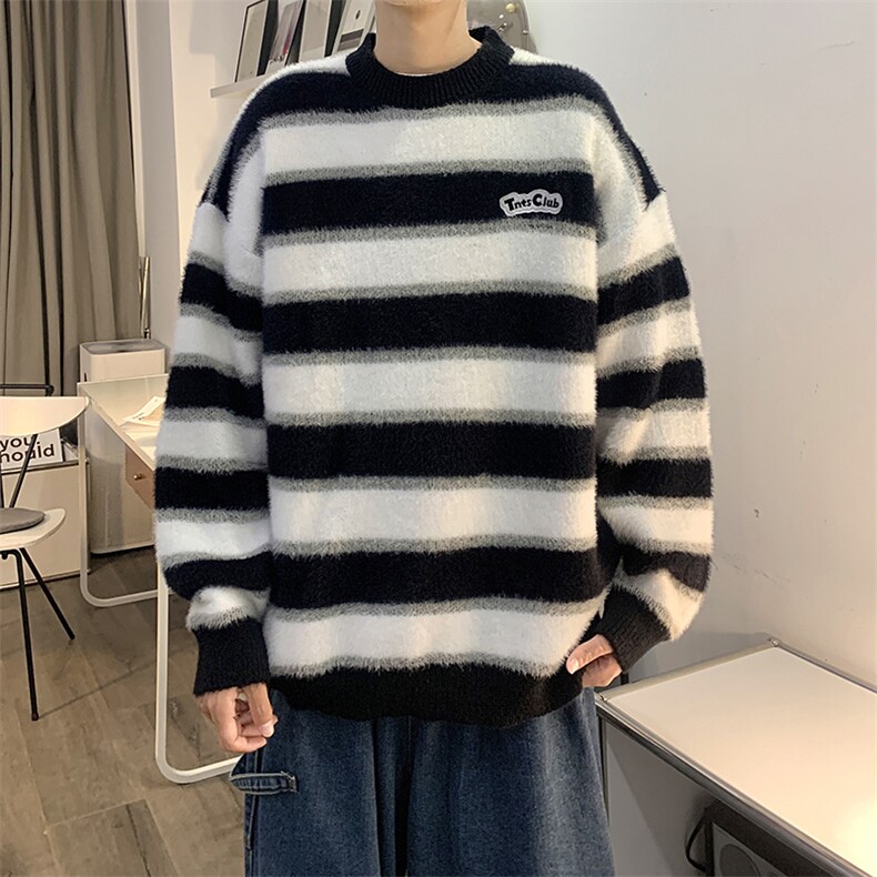 秋款男圆领毛衣条纹拼色貂毛针织衫贴标外套M130 P60图片
