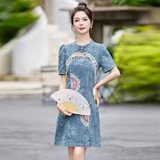 国风新中式重工流苏牛仔连衣裙女2024夏新款收腰显瘦减龄提花裙子，女装连衣裙，英标秀（1C119）