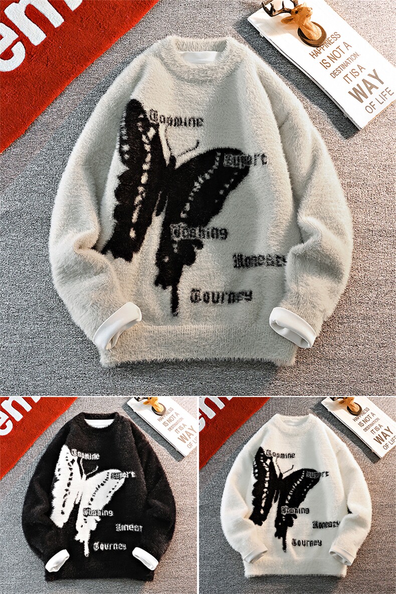 一只蝴蝶潮牌圆领毛线衫青少年宽松保暖针织外套MY24903P70,男装针织衫/毛衣,星座914