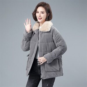 羽绒棉服女中长款2021年新款韩版宽松大码棉衣中年妈妈大毛领加厚,女生粉红色衣服搭配图片图片