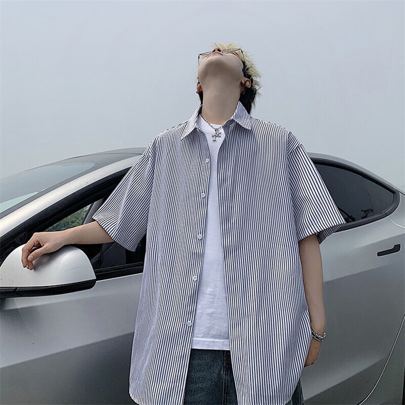 B221美式ins高街宽松薄款条纹短袖衬衫SY2552-特P28控49,男装衬衫,电商B221