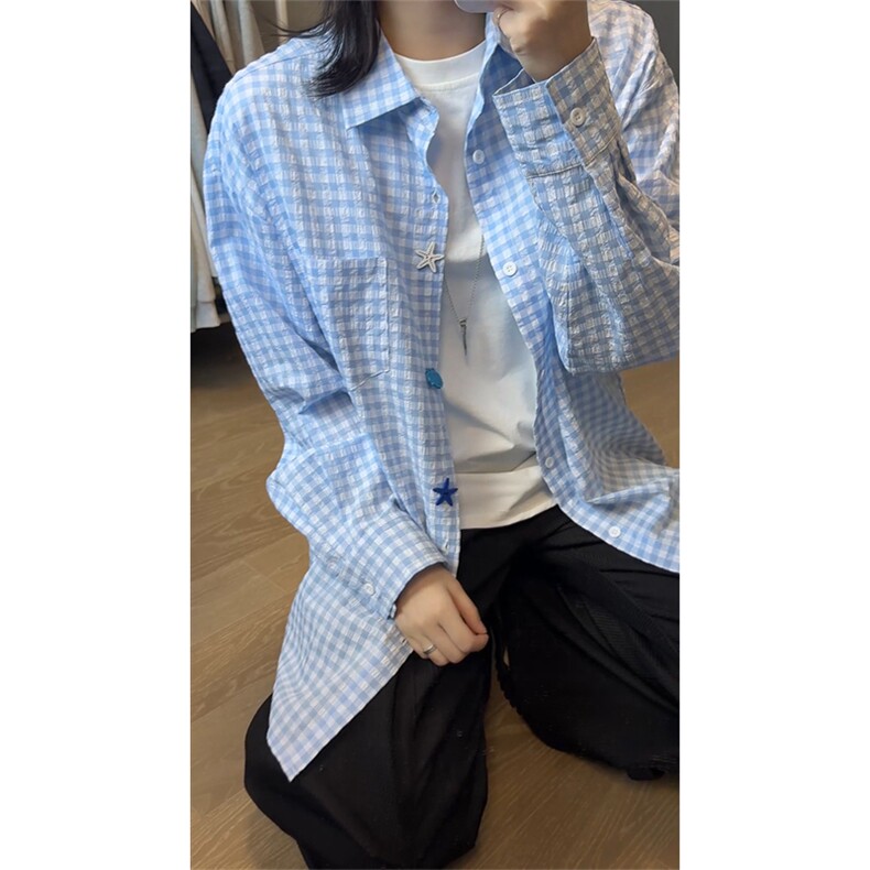 GENIOLAMODE多巴胺泡泡纱格纹长袖衬衫男女秋季宽松情侣休闲衬衣,男装衬衫,电商A102