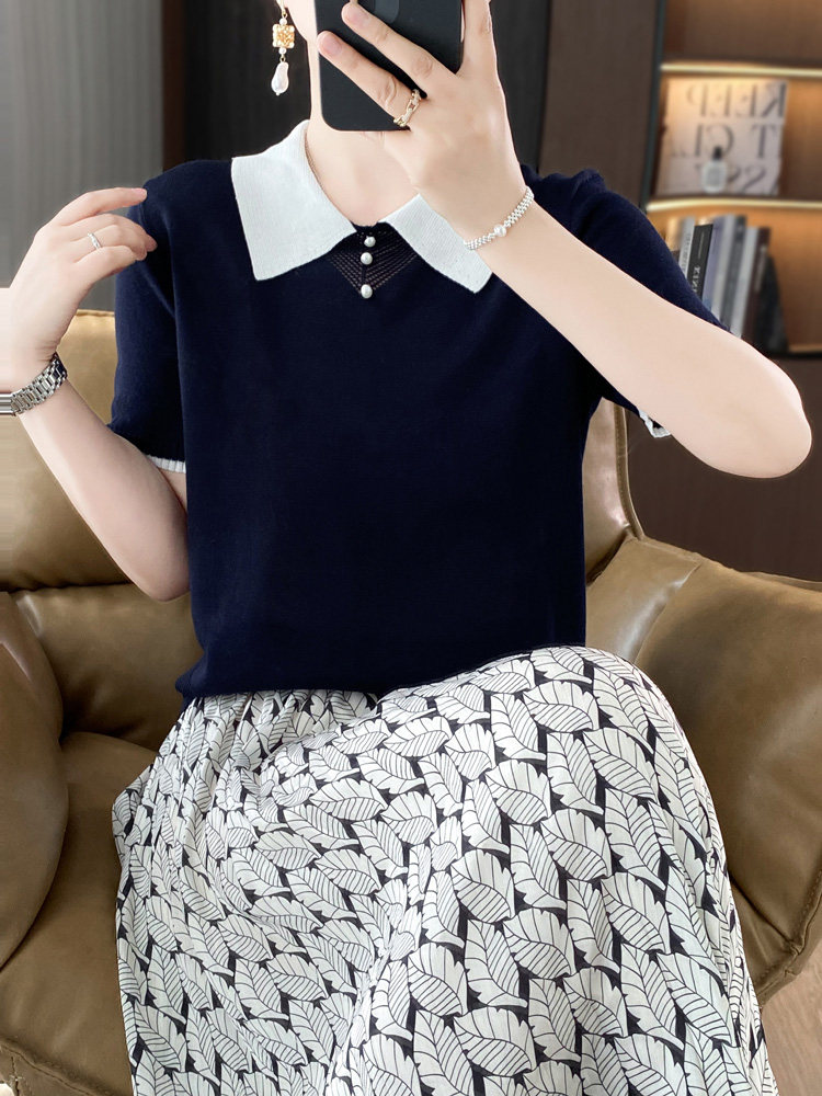 翻领冰丝短袖针织衫女夏季薄款设计感钉珠拼色POLO衫T恤打底上衣,针织衫/毛衣,暖姿羊绒
