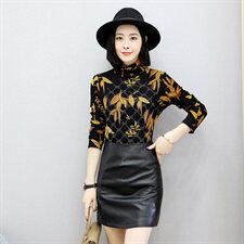 2020年冬季长袖印花花色植绒纱网镶钻修身蕾丝衫，女装蕾丝衫/雪纺衫，安之芮娜