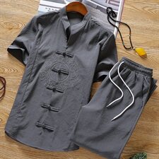 中国风短袖T恤男亚麻套装棉麻唐装汉服复古休闲潮两件套TZ027-P50，男装T恤，星座509