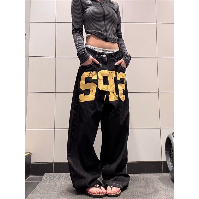 男童印花牛仔裤男夏季美式复古高街ins百搭阔腿宽松休闲直筒裤子,男装牛仔裤,星座506A