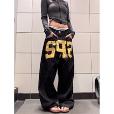 男童印花牛仔裤男夏季美式复古高街ins百搭阔腿宽松休闲直筒裤子，男装牛仔裤，星座506A