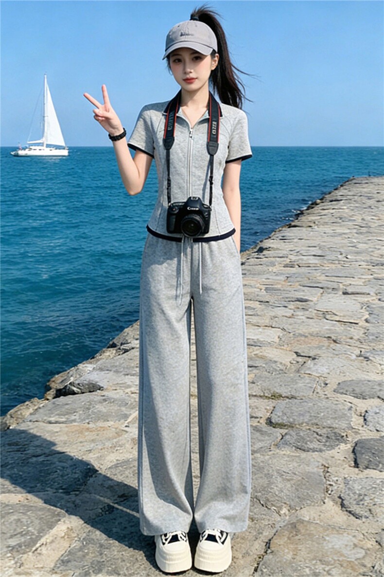 女夏新款小个子时尚休闲套装欧货纯色短袖拼接上衣高腰长裤两件套,女装套装/套裙,江南