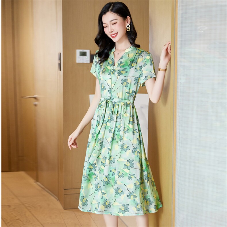 轻熟风印花真丝连衣裙女夏季2024新款大码遮肚子显瘦桑蚕丝裙子夏，女装连衣裙，阿舍尔精品