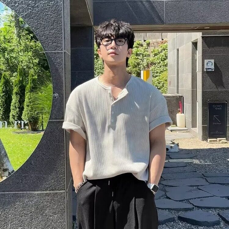 华夫格亨利领短袖男夏季宽松休闲T恤韩系高级感通勤穿搭潮流半袖,男装T恤,星座1210-1