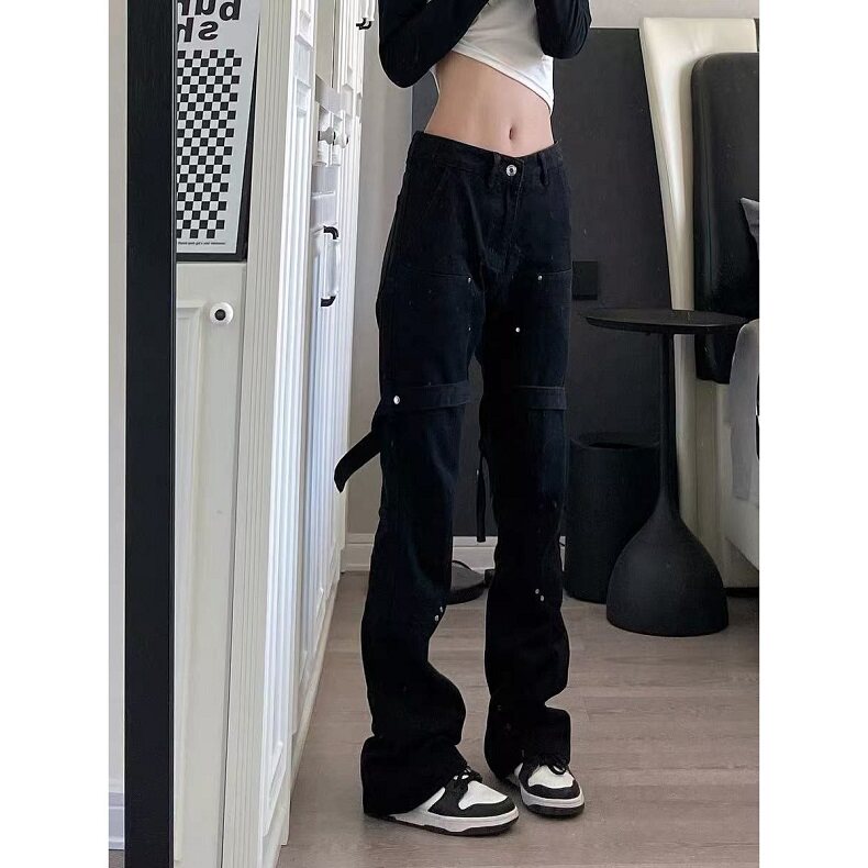 美式复古微喇牛仔裤女设计感绑带纽扣直筒休闲长裤潮 KS35图片