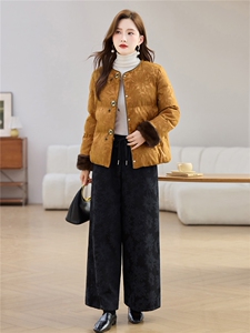 现货2025年冬装白鸭绒羽绒服新中式提花加厚加绒套装女休闲阔腿裤图片