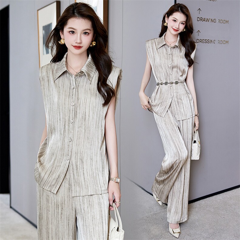 时尚套装女2025夏装爆款高级感显瘦茶系穿搭衬衫领休闲气质两件套，女装套装/套裙，时尚俏佳人