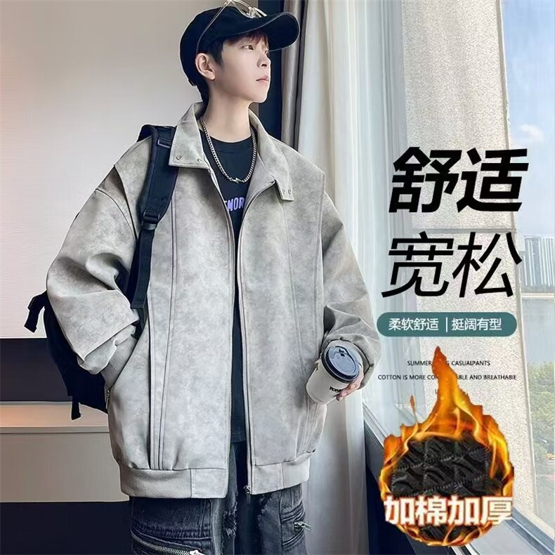 冬季加厚夹棉皮衣外套复古扎染棒球服高级感痞帅炸街夹克JKA911图片