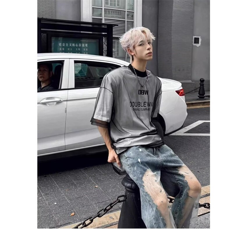 高质量假两件网纱短袖ZX0227-P38,男装T恤,星座313A(原308A-2)