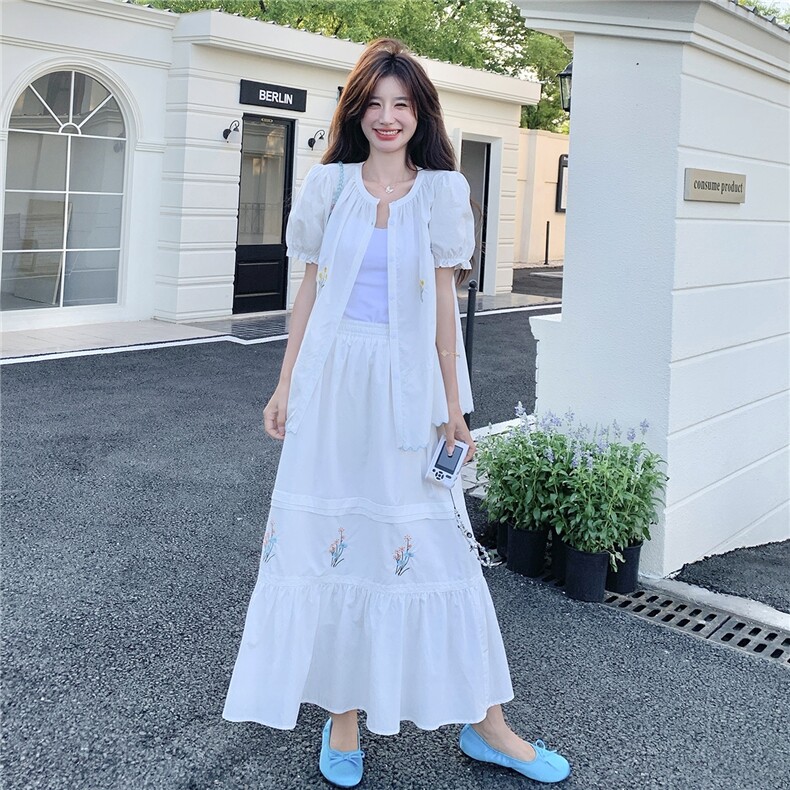 法式浪漫白色刺绣衬衣半身裙套装女夏季2025新款温柔风洋气两件套,女装套装/套裙,2B237