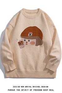 白底22秋冬ins潮趣味小女孩设计感圆领保暖套头毛衣M1055P50控68图片