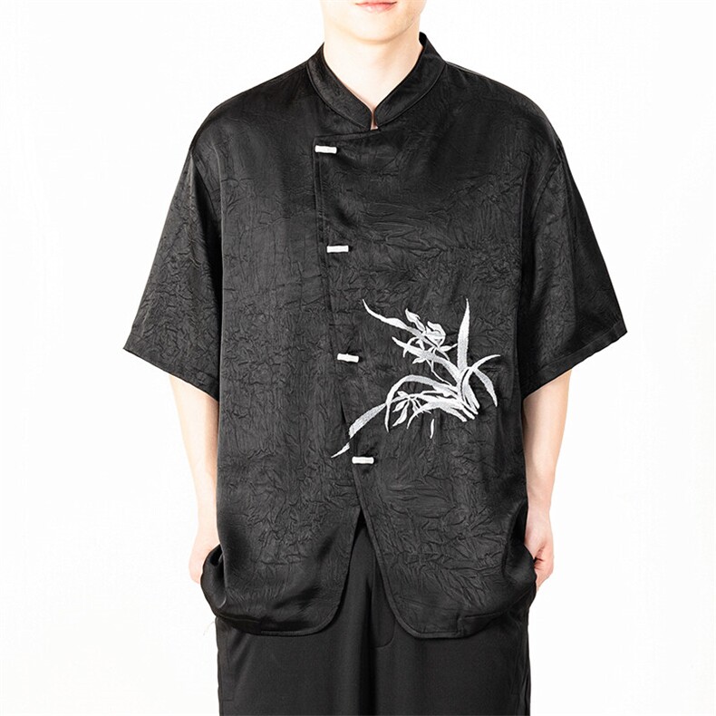 风男士大码休闲个性立领短袖衬衫简约兰花刺绣上衣T2521-P65图片