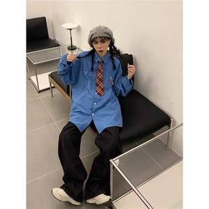 7023-P40 慵懒潮流复古港风领带衬衫男女潮牌字母刺绣休闲宽松图片