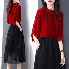 2022现货秋冬新款打底裙子条金丝绒上衣收腰显瘦时尚两件套女装，女装套装/套裙，韩然一族