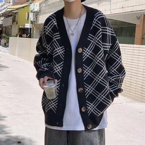 美式复古格纹开衫毛衣男秋季潮牌日系慵懒风宽松情侣款针织衫上衣图片