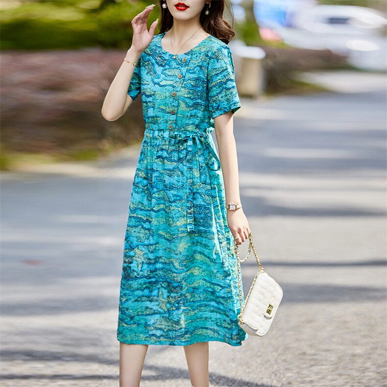 碎花连衣裙女2025夏季新款韩式显瘦棉麻风中年妈妈小个子复古裙子,女装连衣裙,天丽