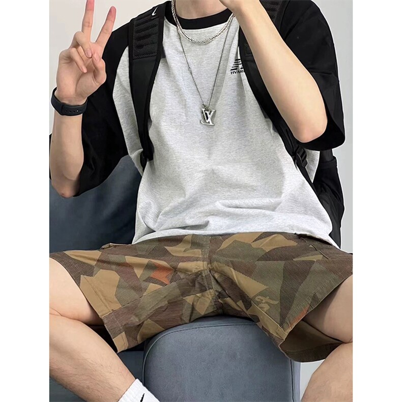 抖音得物高品质二开240克宽松纯棉美式潮牌插肩袖拼接短袖T恤，男装T恤，电商A486-1