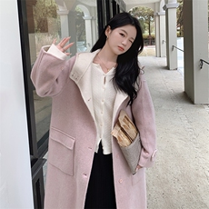 韩系甜美连帽双面羊毛大衣女2025秋冬季新款显瘦保暖长款呢子外套，女装毛呢外套，2C212