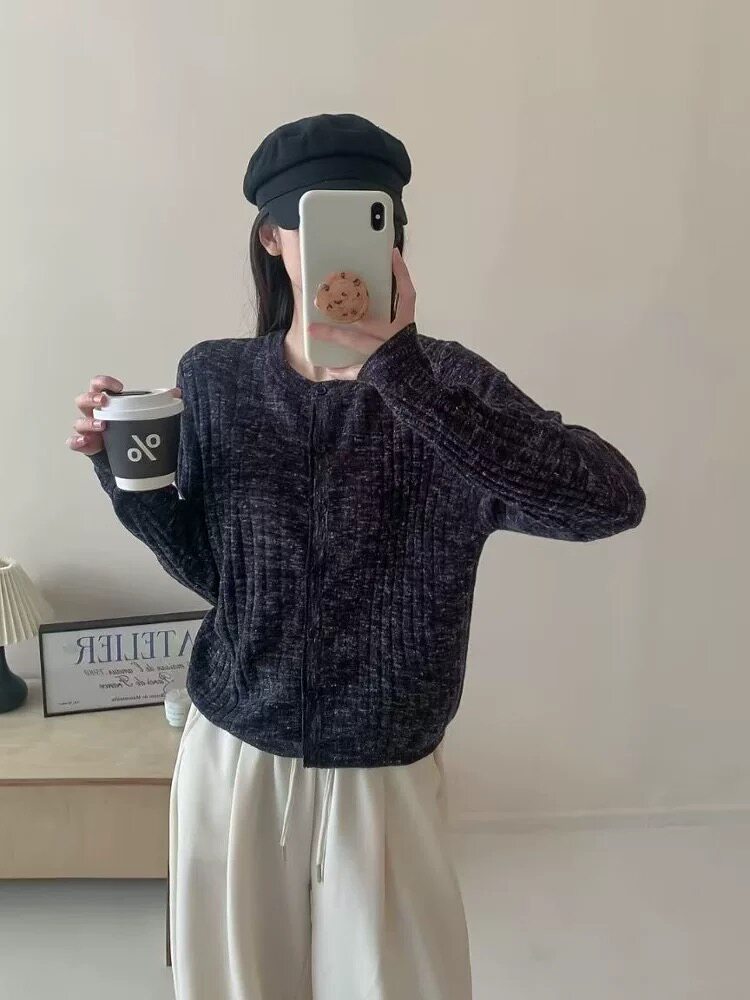 复古混色单排扣精纺羊毛时尚简约长袖开衫,女装T恤,艾米娇羊绒