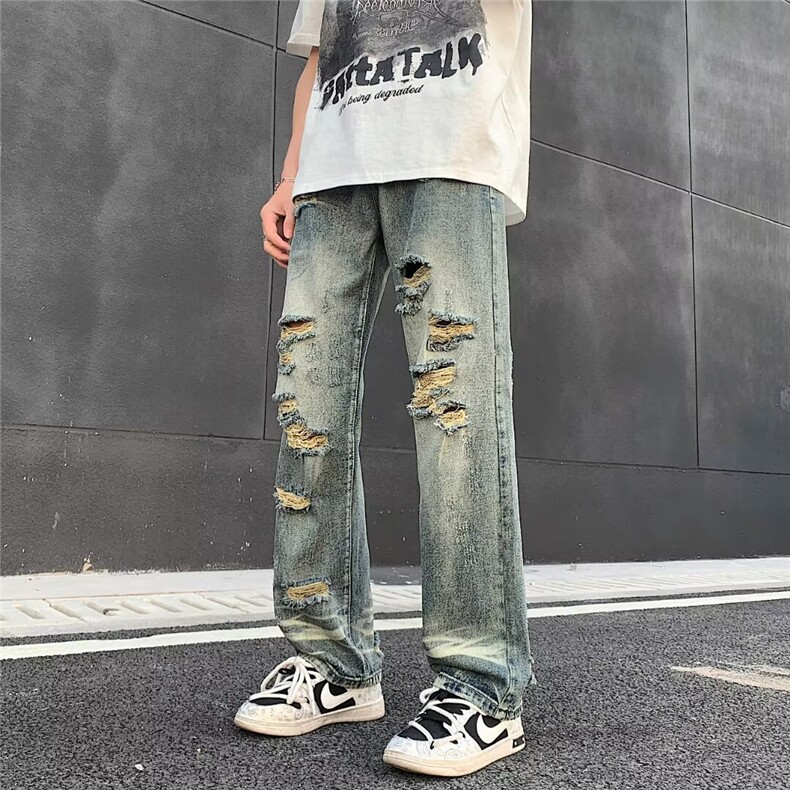 高街vibe风直筒割破洞牛仔长裤hiphop男女休闲裤N0951-P45,男装牛仔裤,星座308B-1