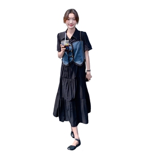设计感牛仔拼接连衣裙女2025夏季新款韩系减龄显瘦假两件a字长裙图片