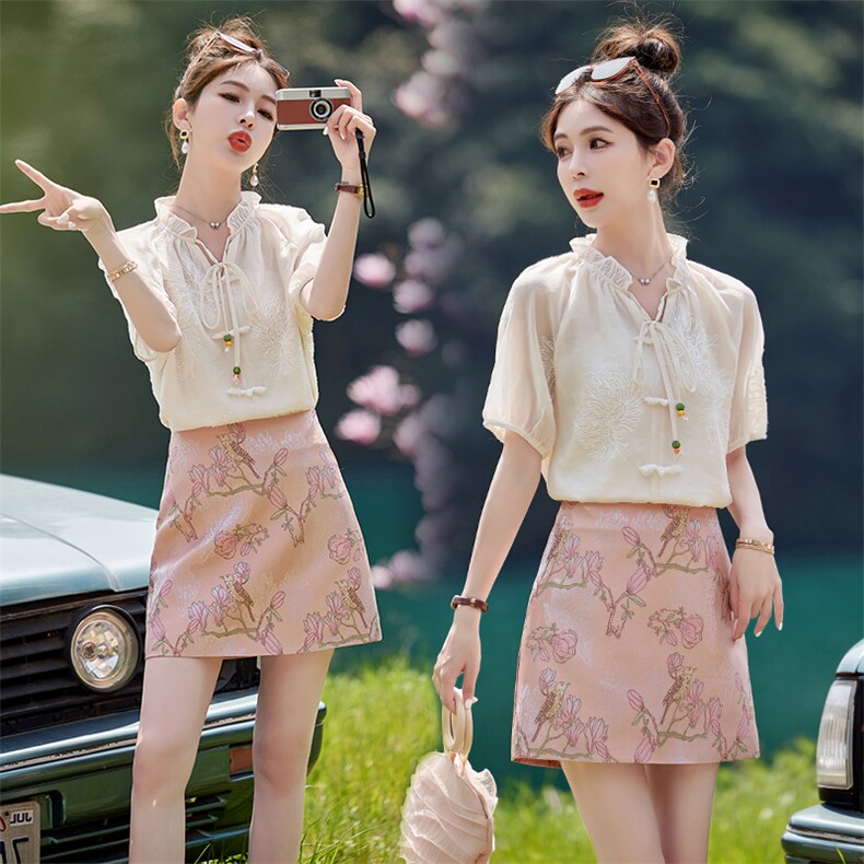 【花叶朝云】2024夏季新款新中式衬衫天丝上衣V领小衫白色女,女装套装/套裙,韩蜜菓