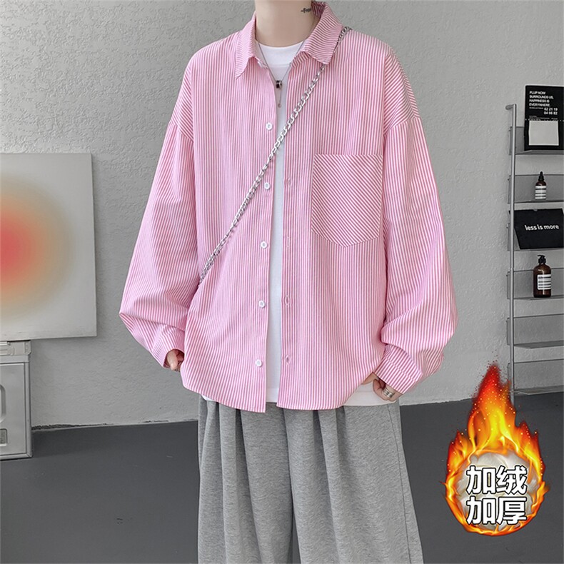 加绒衬衫男冬季新款港风宽松条纹加厚保暖长袖衬衣JR89-P39,男装衬衫,星座214-3