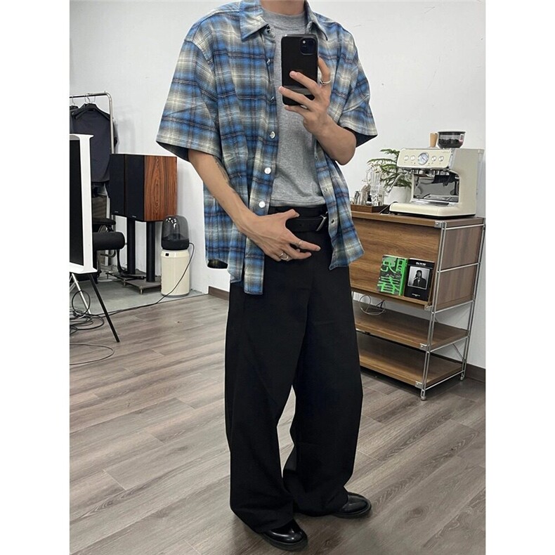美式复古蓝色慵懒格子情侣衬衫男女夏季短袖宽松休闲外套CSD01,男装T恤,星座1116A（原606A-3）