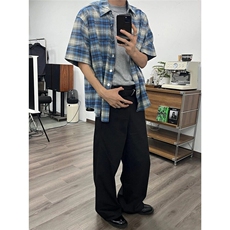 美式复古蓝色慵懒格子情侣衬衫男女夏季短袖宽松休闲外套CSD01，男装T恤，星座1116A（原606A-3）