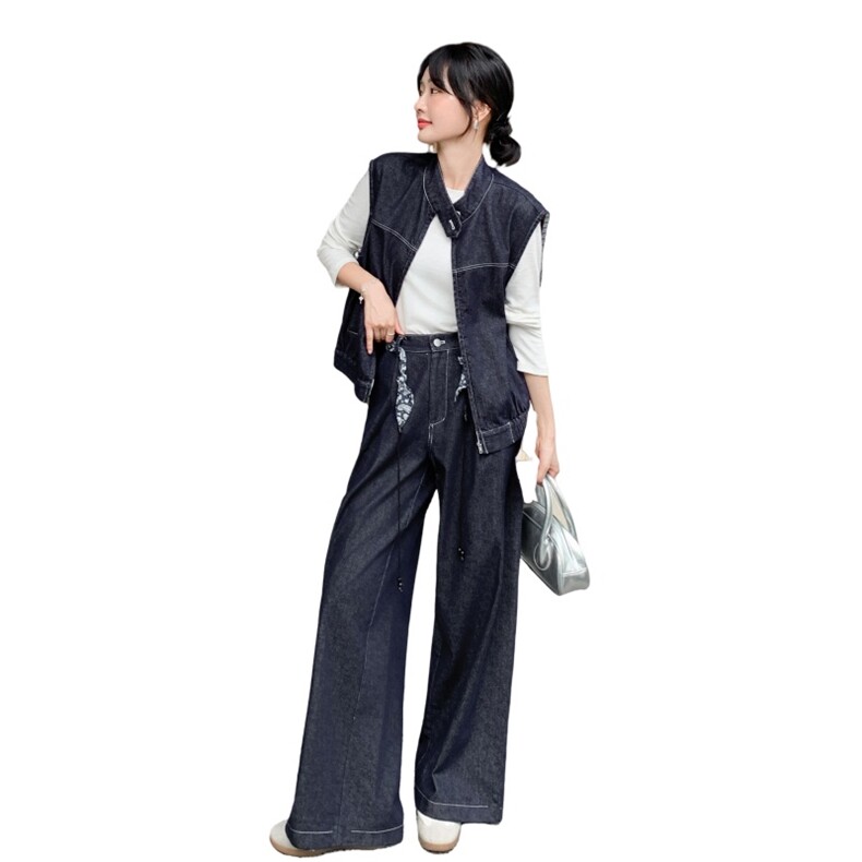秋季牛仔阔腿裤马甲时尚两件套女,女装套装/套裙,秋水欣儿