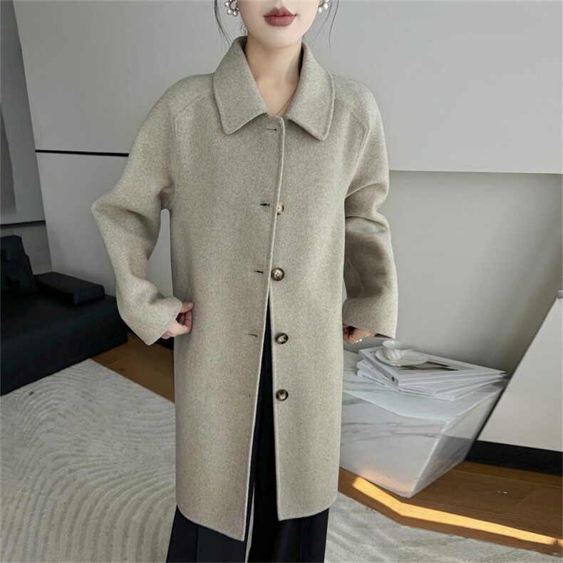 2025年秋季新款百搭女士长袖POLO领单排扣中长款大衣，女装双面呢大衣，鹿展羊绒大衣
