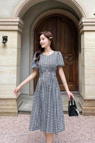 夏季新款复古小清新黑白格法式连衣裙，女装连衣裙，水锦红